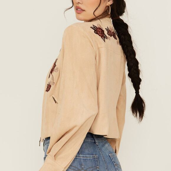 Shyanne Women's Floral Embroidered Faux Suede in Tan Jacket Size XS NEW - Picture 11 of 11